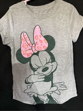 Disney Gray Minnie Mouse Tee with Pink Leopard Bow